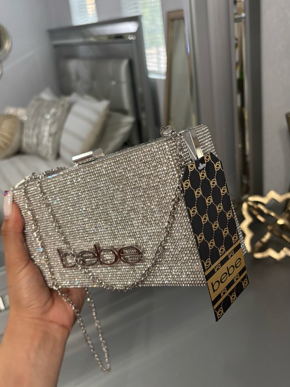 BEBE Silver Crystal Logo Evening Clutch - Picture 9 of 9